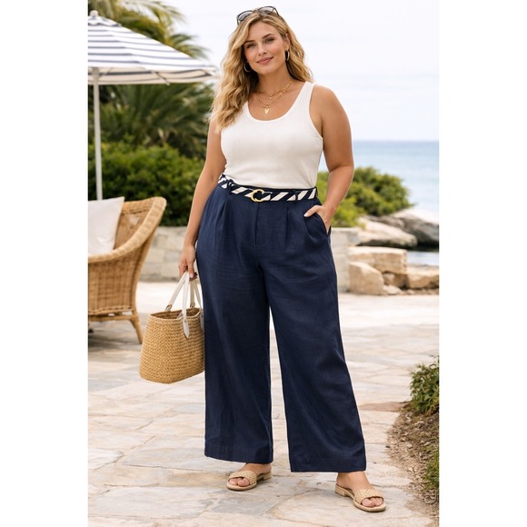 Lauren Ralph Lauren Linen Casual Pants Lined Navy Blue Sz 16 Nautical Coastal - Picture 1 of 8